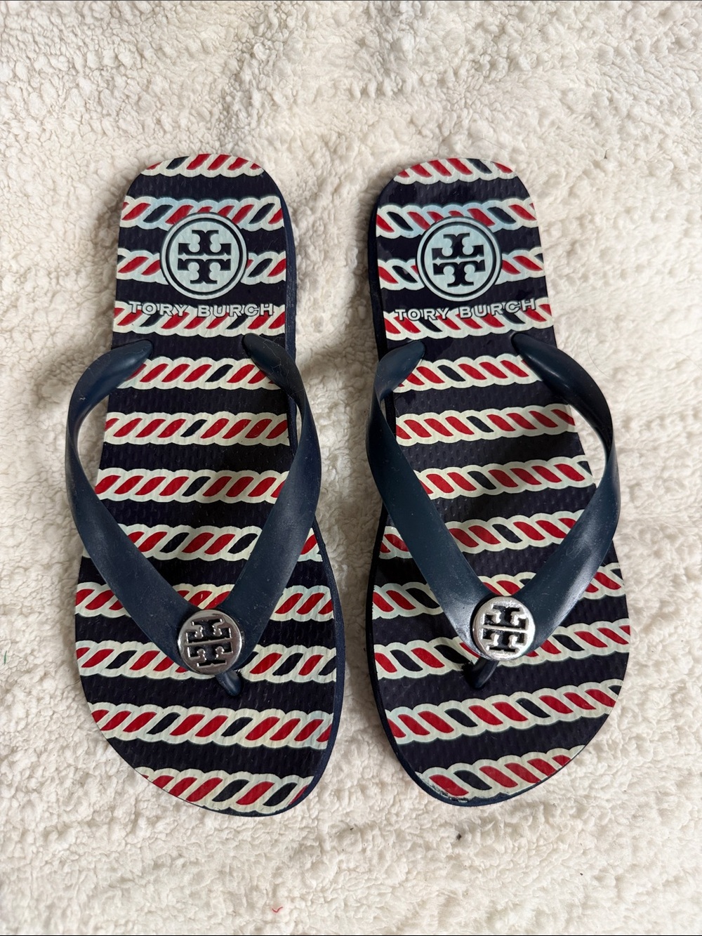 Tory Burch Navy Logo Embossed Flip Flops